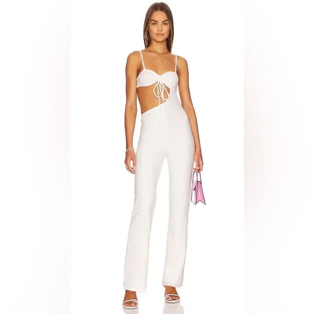 Camila Coelho Aurora Cutout Jumpsuit in White Textured Stretch Burnout REVOLVE - Picture 3 of 12